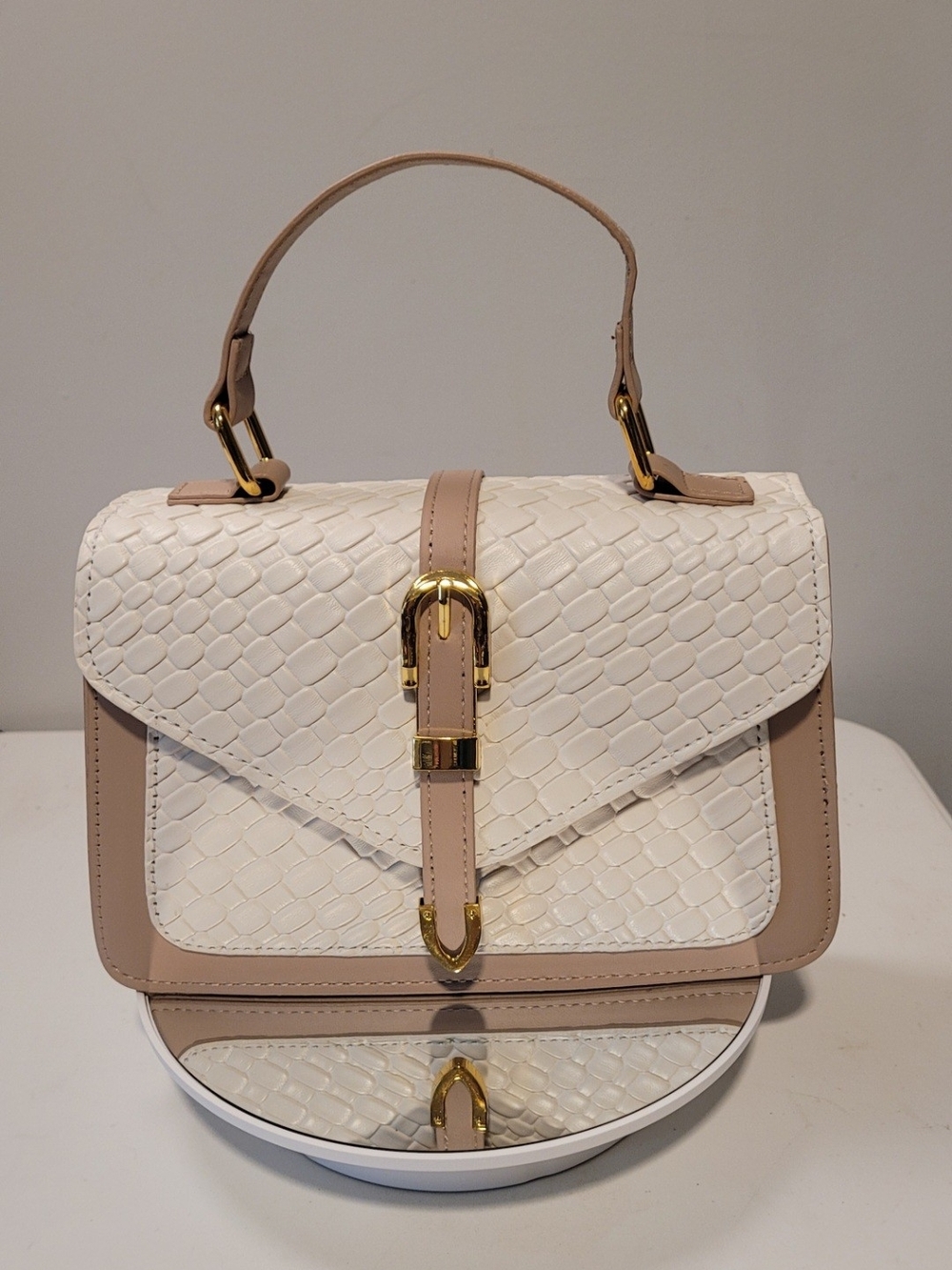 Cream & Beige Textured Top-Handle Satchel with Gold Hardware